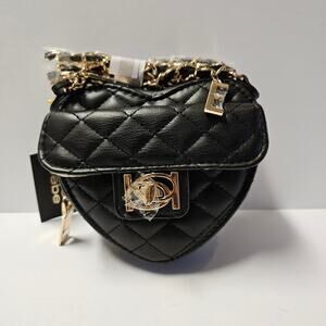 Bebe Solana Quilted Heart Crossbody Black Faux Leather Chain Strap Bag